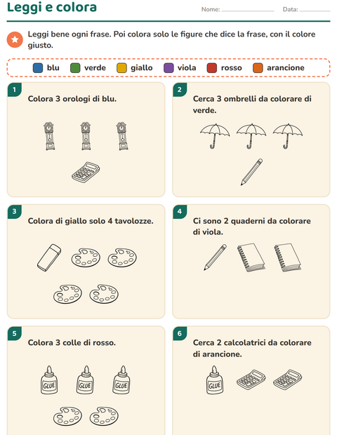 Anteprima della scheda di Leggi e colora con Istruzione BN per Scuola primaria classe prima