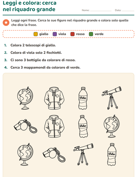 Anteprima della scheda di Leggi e colora con Oggetti BN per Scuola primaria classe prima