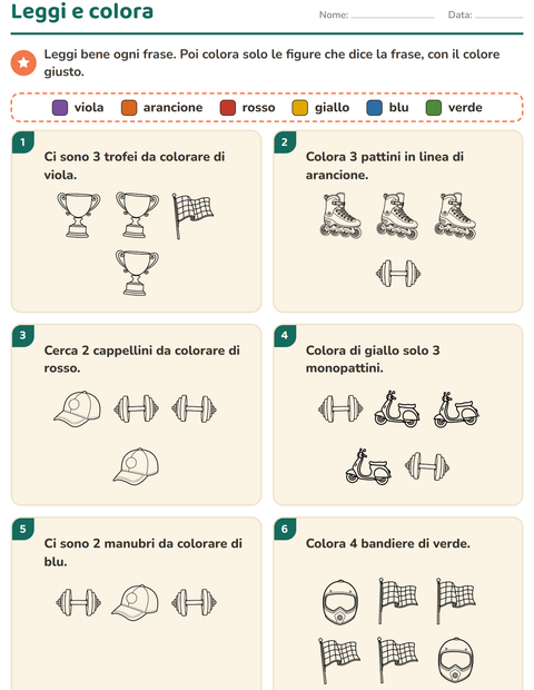 Anteprima della scheda di Leggi e colora con Sport BN per Scuola primaria classe prima