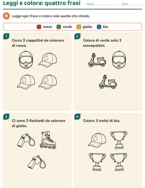 Anteprima della scheda di Leggi e colora con Sport BN per Scuola primaria classe prima