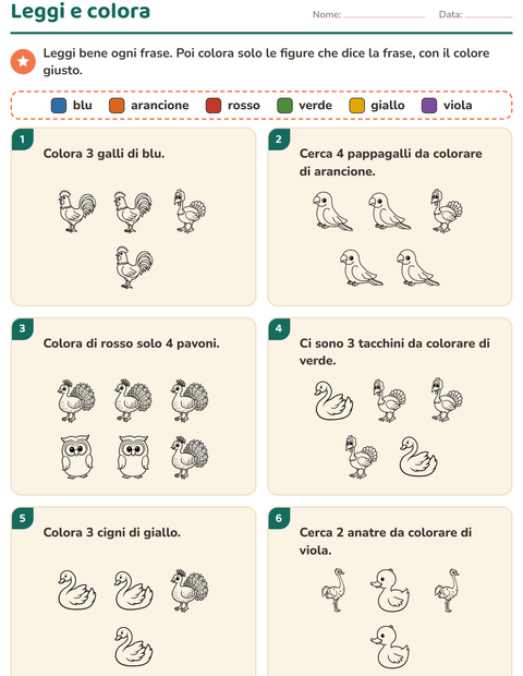 Anteprima della scheda di Leggi e colora con Uccelli B&N 2 per Scuola primaria classe prima