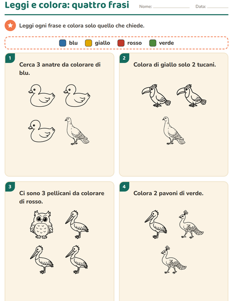 Anteprima della scheda di Leggi e colora con Uccelli B&N per Scuola primaria classe prima