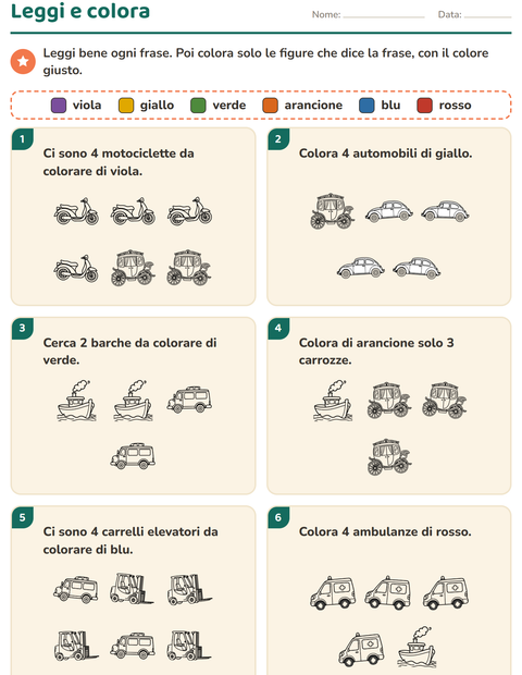 Anteprima della scheda di Leggi e colora con Veicoli BN 3 per Scuola primaria classe prima