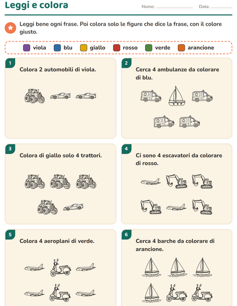 Anteprima della scheda di Leggi e colora con Veicoli BN per Scuola primaria classe prima