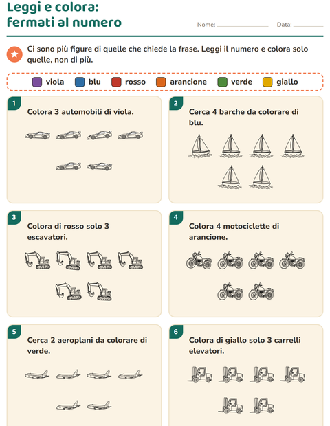 Anteprima della scheda di Leggi e colora con Veicoli BN per Scuola primaria classe prima