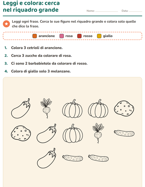 Anteprima della scheda di Leggi e colora con Verdure BN per Scuola primaria classe prima