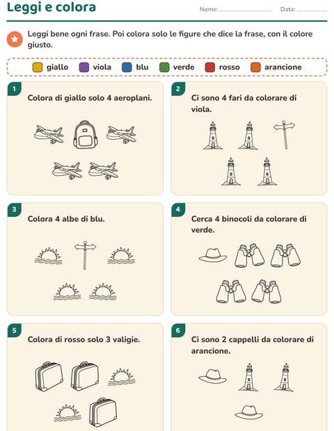 Anteprima della scheda di Leggi e colora con Viaggi e Vacanze BN per Scuola primaria classe prima
