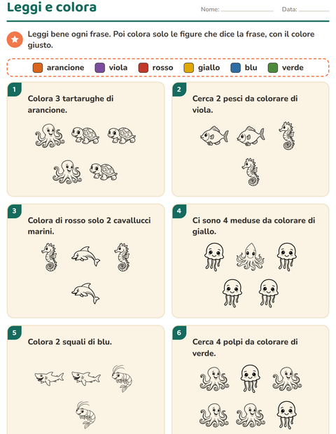 Anteprima della scheda di Leggi e colora con Vita marina BN 2 per Scuola primaria classe prima