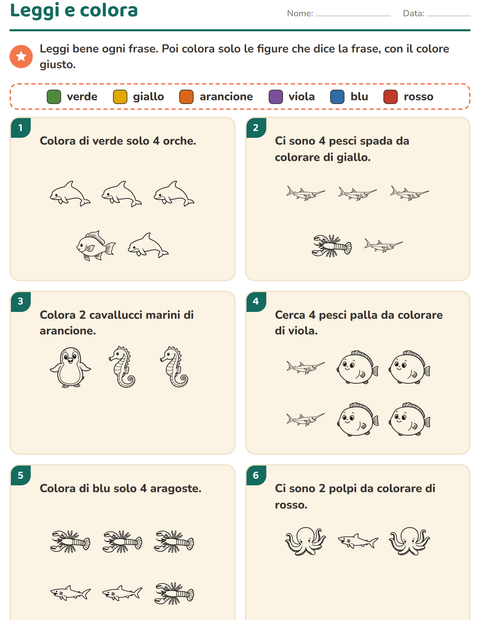 Anteprima della scheda di Leggi e colora con Vita marina BN per Scuola primaria classe prima