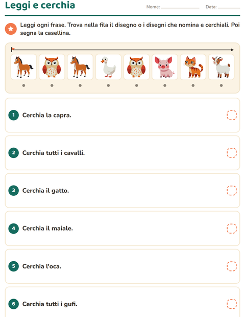 Anteprima della scheda di Leggi ed esegui con Animali della fattoria per Scuola primaria classe prima