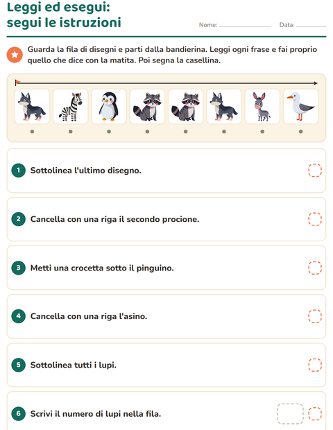 Leggi ed esegui: segui le istruzioni sulla fila di animali