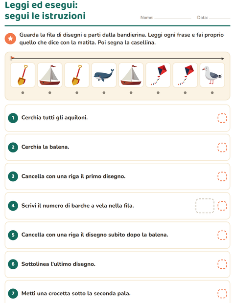 Anteprima della scheda di Leggi ed esegui con Spiaggia per Scuola primaria classe prima