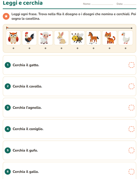 Anteprima della scheda di Leggi ed esegui con Animali della fattoria per Scuola primaria classe prima