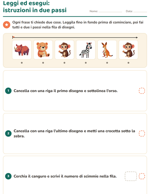 Anteprima della scheda di Leggi ed esegui con Animali dello zoo per Scuola primaria classe prima