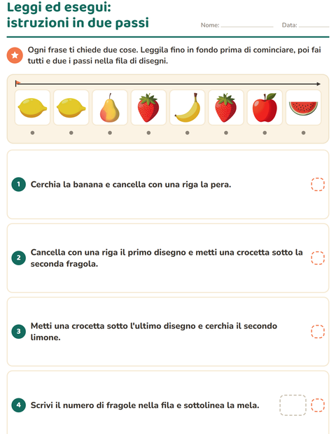 Anteprima della scheda di Leggi ed esegui con Frutta per Scuola primaria classe prima