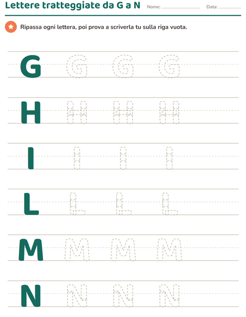 Lettere tratteggiate da G a N da ricalcare