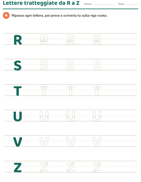 Lettere tratteggiate da R a Z da ricalcare