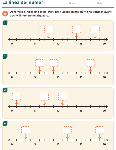 La linea dei numeri fino a 20: scrivi il numero indicato da ogni freccia