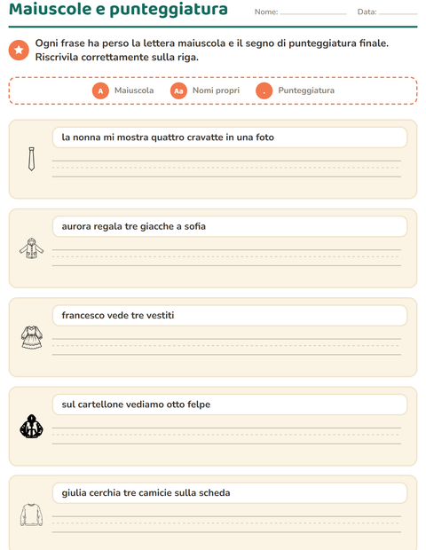 Anteprima della scheda di Maiuscole e punteggiatura con Abbigliamento BN per Scuola primaria classe seconda