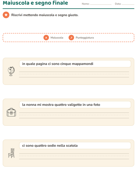 Anteprima della scheda di Maiuscole e punteggiatura con Aula (B/N) per Scuola primaria classe seconda