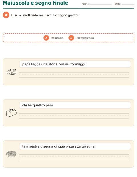 Anteprima della scheda di Maiuscole e punteggiatura con Cibo BN per Scuola primaria classe seconda