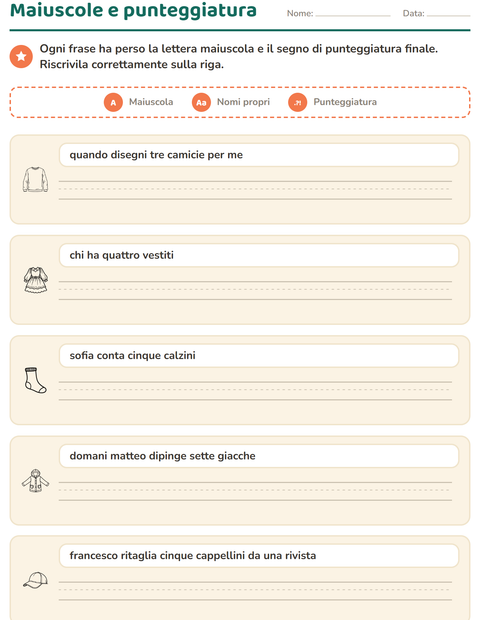 Anteprima della scheda di Maiuscole e punteggiatura con Abbigliamento BN per Scuola primaria classe seconda