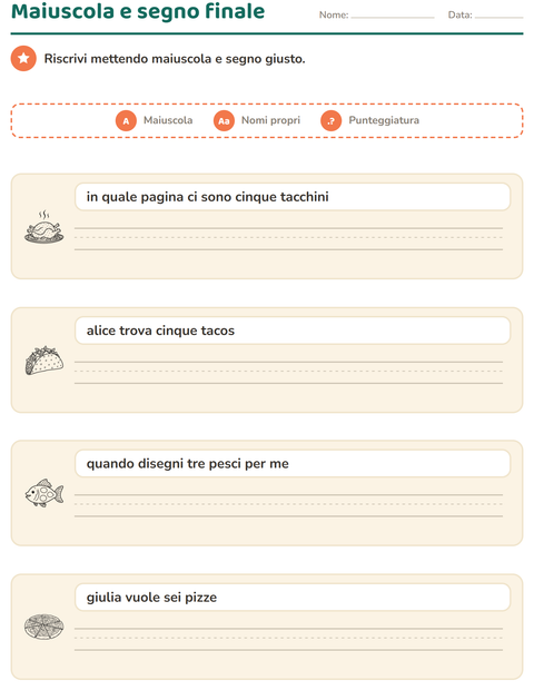 Anteprima della scheda di Maiuscole e punteggiatura con Cibo BN per Scuola primaria classe seconda