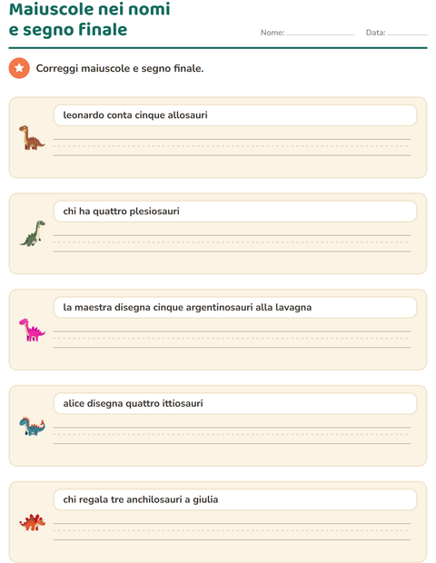 Anteprima della scheda di Maiuscole e punteggiatura con Dinosauri per Scuola primaria classe seconda