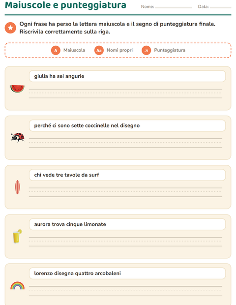 Anteprima della scheda di Maiuscole e punteggiatura con Estate per Scuola primaria classe seconda