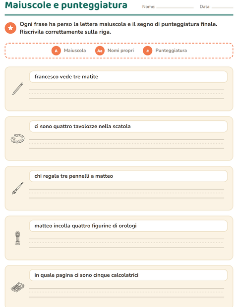 Anteprima della scheda di Maiuscole e punteggiatura con Istruzione BN per Scuola primaria classe seconda