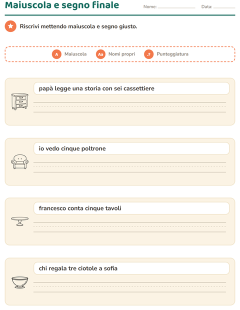 Anteprima della scheda di Maiuscole e punteggiatura con Mobili BN per Scuola primaria classe seconda