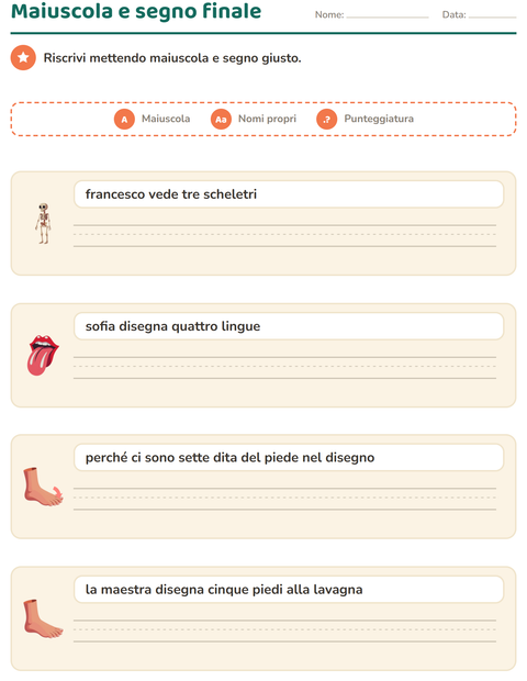Anteprima della scheda di Maiuscole e punteggiatura con Parti del corpo per Scuola primaria classe seconda