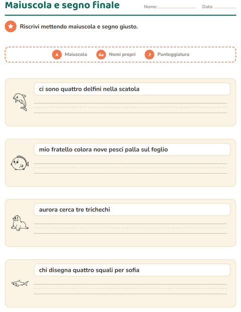 Anteprima della scheda di Maiuscole e punteggiatura con Vita marina BN per Scuola primaria classe seconda