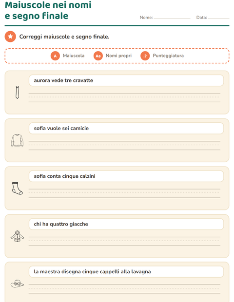 Anteprima della scheda di Maiuscole e punteggiatura con Abbigliamento BN per Scuola primaria classe seconda