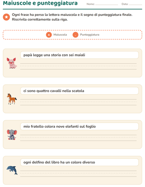 Anteprima della scheda di Maiuscole e punteggiatura con Animali per Scuola primaria classe seconda