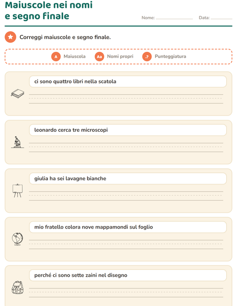 Anteprima della scheda di Maiuscole e punteggiatura con Aula 2 (B/N) per Scuola primaria classe seconda