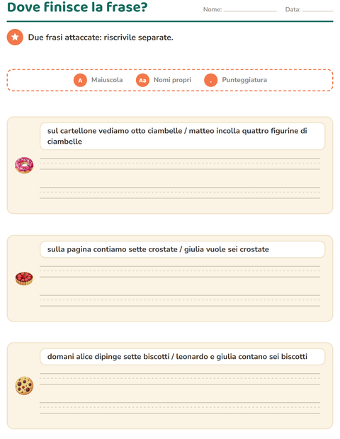Anteprima della scheda di Maiuscole e punteggiatura con Dolci e dolciumi per Scuola primaria classe seconda