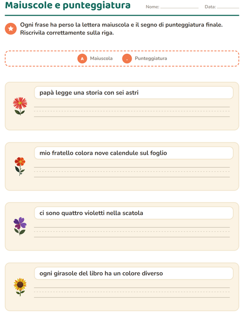 Anteprima della scheda di Maiuscole e punteggiatura con Fiori per Scuola primaria classe seconda