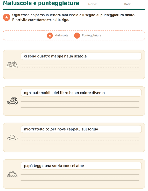 Anteprima della scheda di Maiuscole e punteggiatura con Viaggi e Vacanze BN per Scuola primaria classe seconda