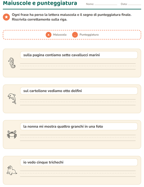Anteprima della scheda di Maiuscole e punteggiatura con Vita marina BN per Scuola primaria classe seconda