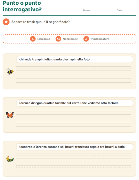 Anteprima della scheda di Maiuscole e punteggiatura con Insetti e scarafaggi per Scuola primaria classe seconda