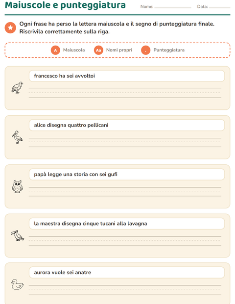 Anteprima della scheda di Maiuscole e punteggiatura con Uccelli B&N per Scuola primaria classe seconda