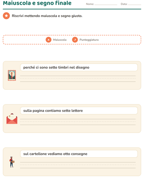 Anteprima della scheda di Maiuscole e punteggiatura con Ufficio postale per Scuola primaria classe seconda