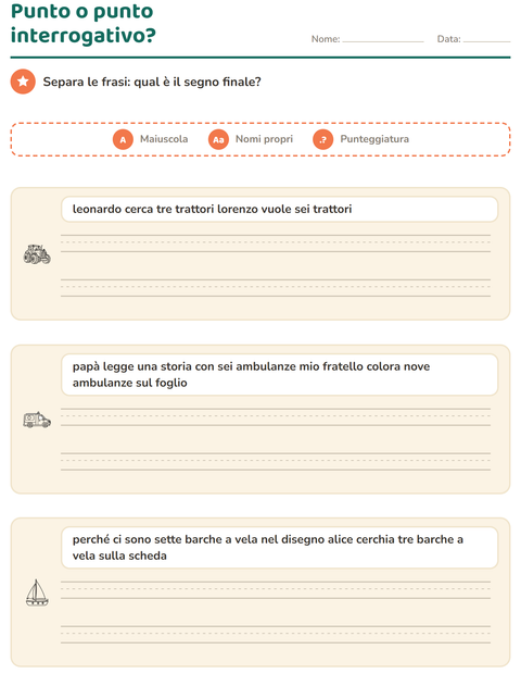 Anteprima della scheda di Maiuscole e punteggiatura con Veicoli BN per Scuola primaria classe seconda