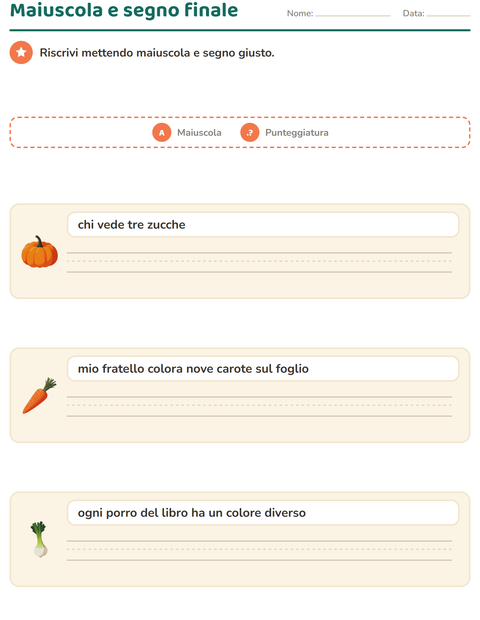 Anteprima della scheda di Maiuscole e punteggiatura con Verdure per Scuola primaria classe seconda
