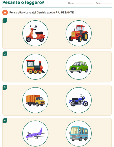Anteprima della scheda di Misurazione con Veicoli per Scuola dell'infanzia (5-7 anni)