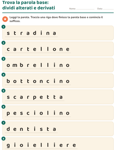 Anteprima della scheda di Nomi alterati e derivati per Scuola primaria classe seconda