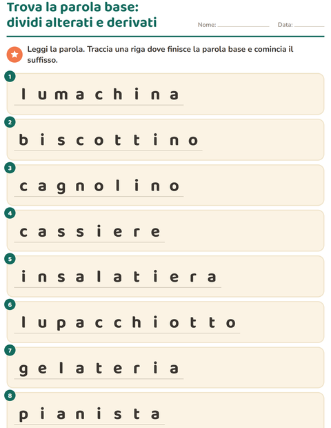 Anteprima della scheda di Nomi alterati e derivati per Scuola primaria classe seconda