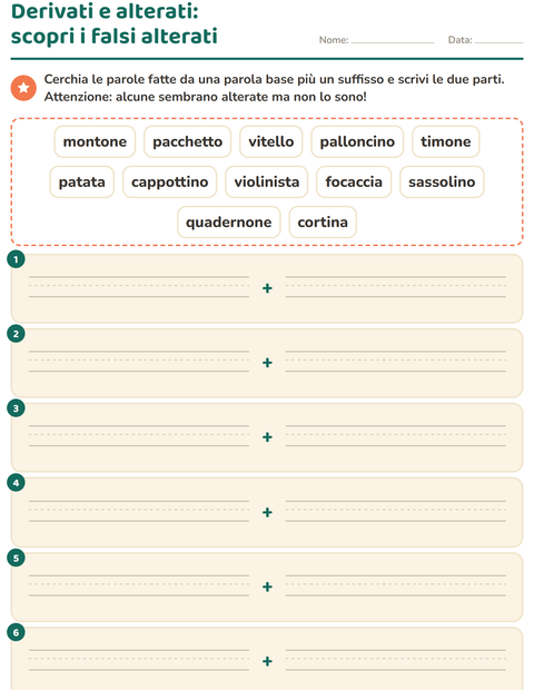Anteprima della scheda di Nomi alterati e derivati per Scuola primaria classe seconda
