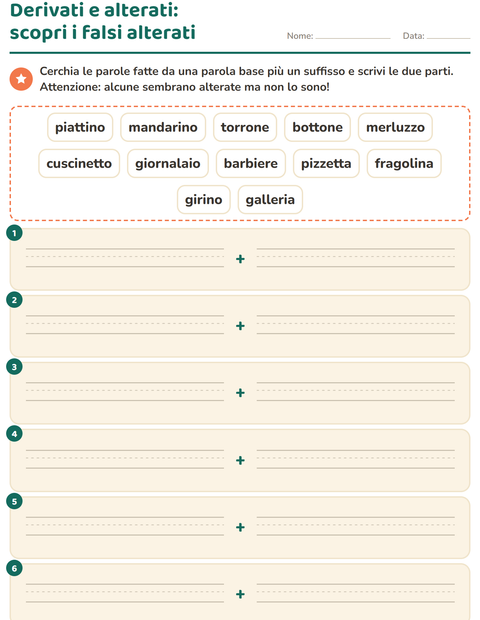 Anteprima della scheda di Nomi alterati e derivati per Scuola primaria classe seconda